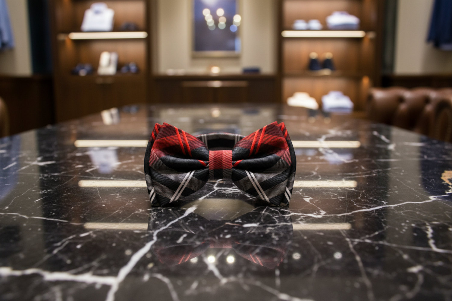 Black Red and White Plaid Pre Tied Bow Tie