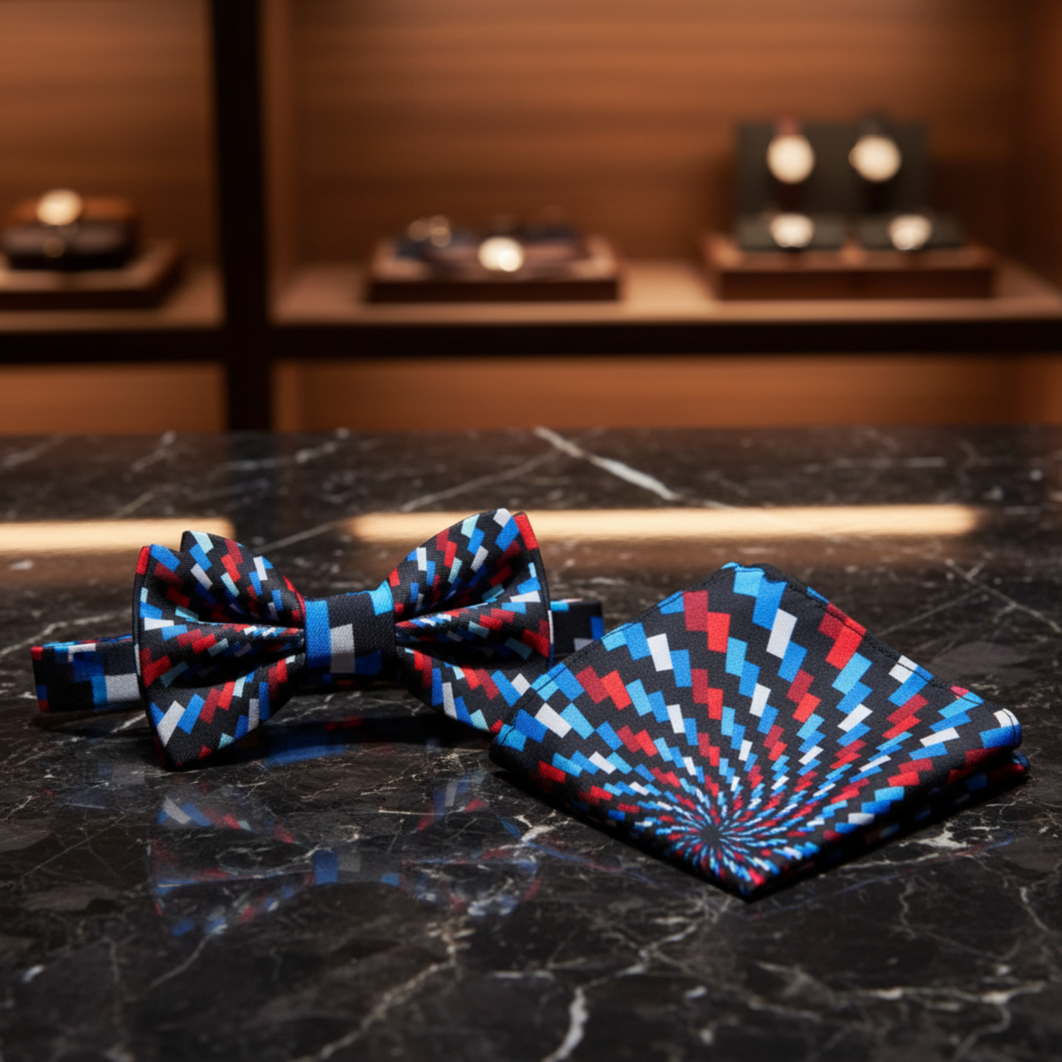 Red, Blue, Black Geometric Swirl Bow Tie and Pocket Square||Red, Blue, Black, White