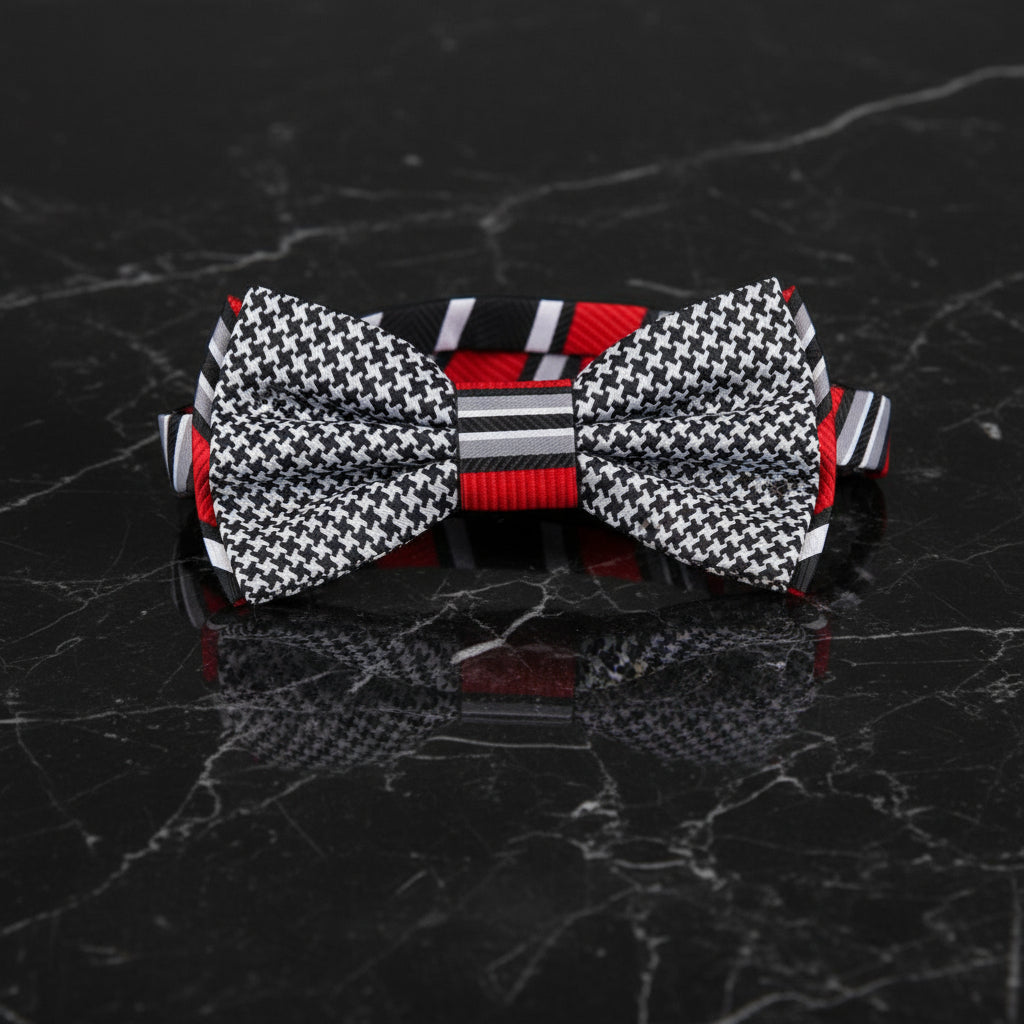 Black, Red Stripe and Hounds Tooth Bow Tie Pre Tied