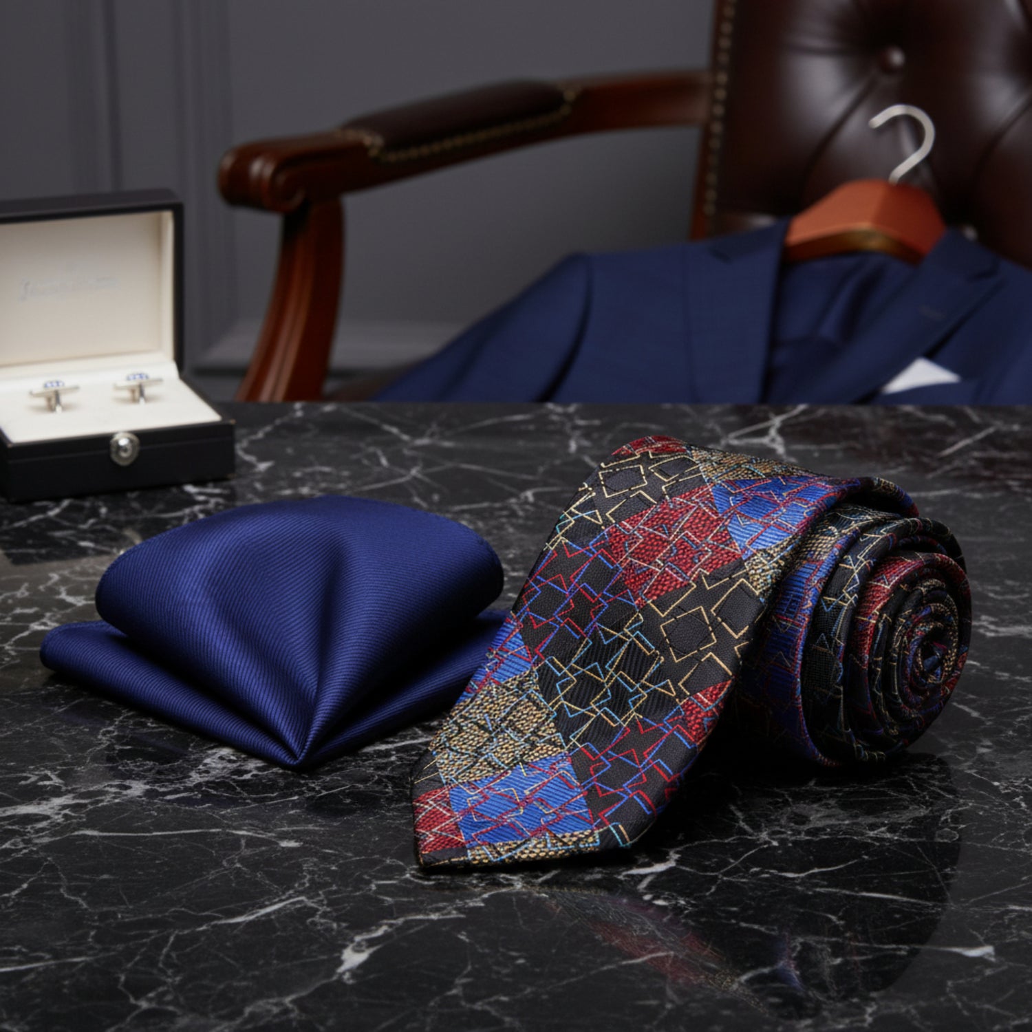 Patterned tie and blue pocket square on a white background