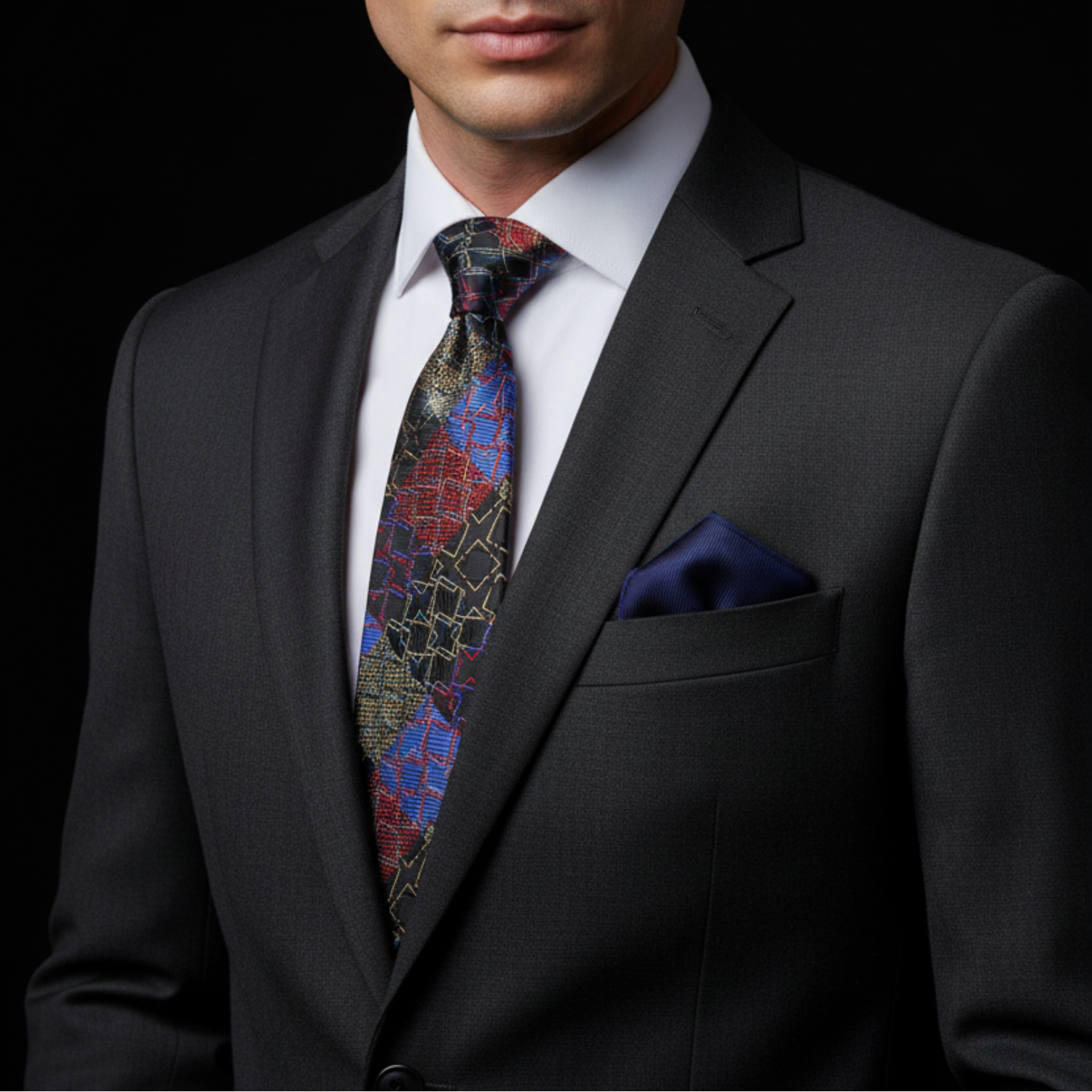 Man wearing a black suit with a patterned tie and blue pocket square on a black background