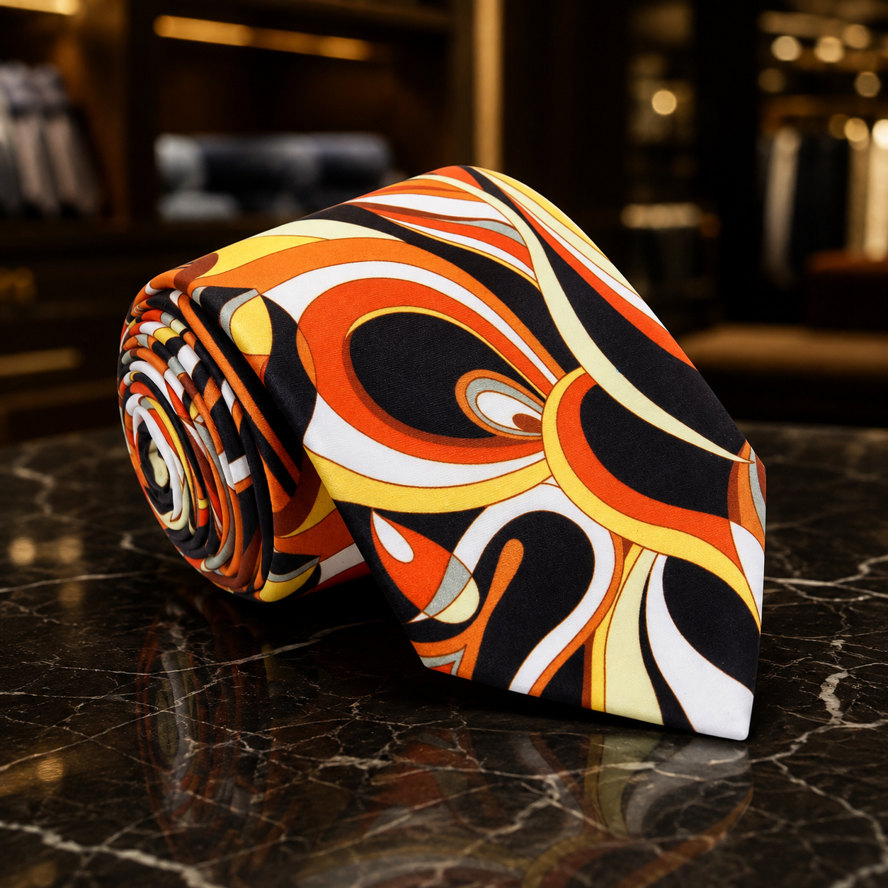 A rolled necktie with a bold abstract swirl pattern in orange, black, white, and yellow, displayed on a dark marble surface with a blurred luxury interior background.