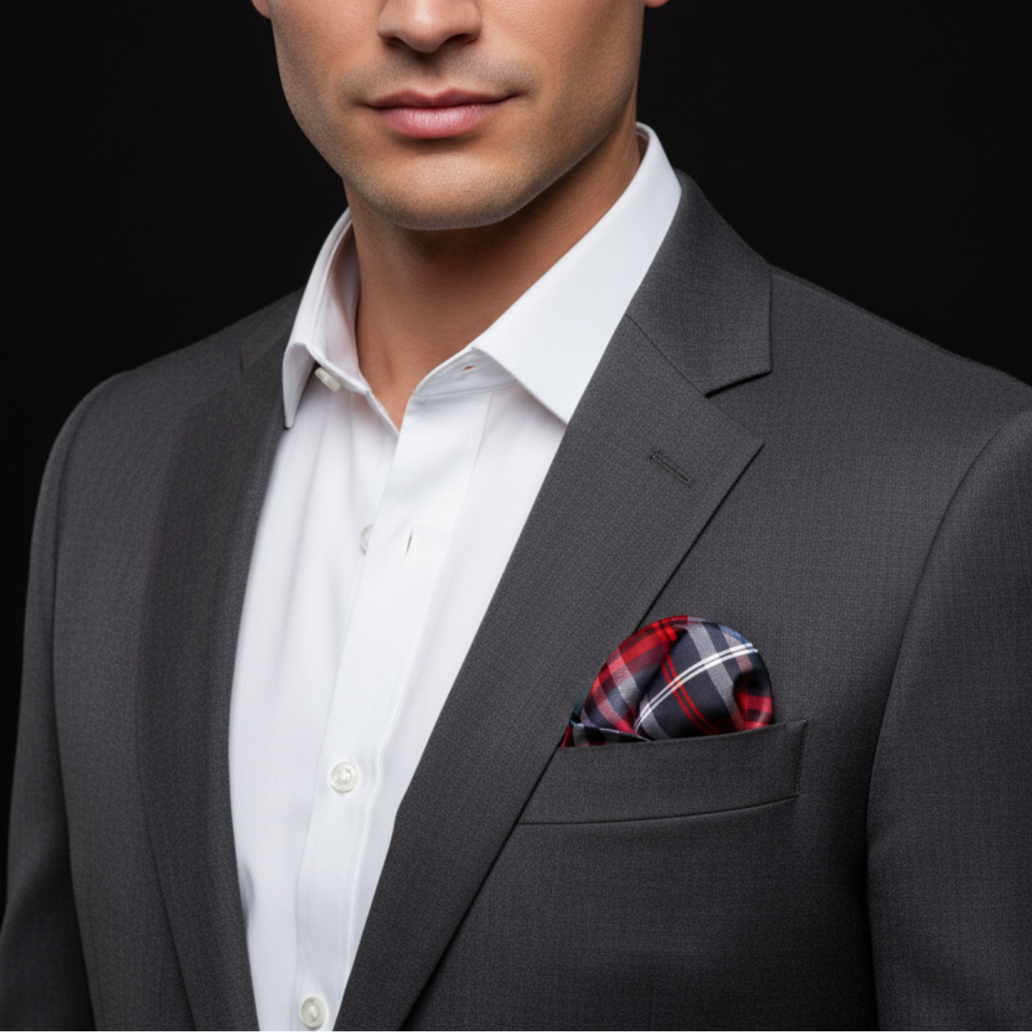 man wearing black and red plaid square