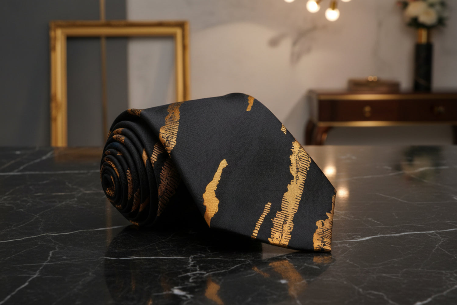 Black and Metallic Copper Abstract Lines Tie  