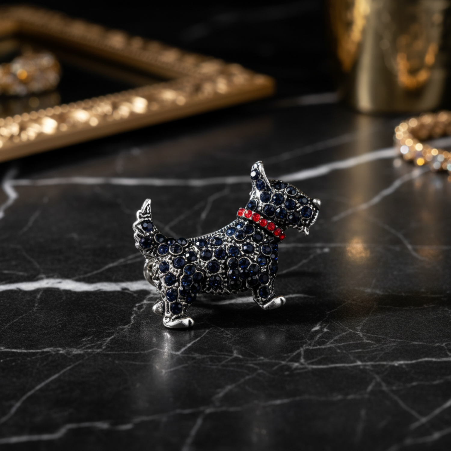 Scottish Terrier Brooch in Silver or Blackened Blue with Rhinestones