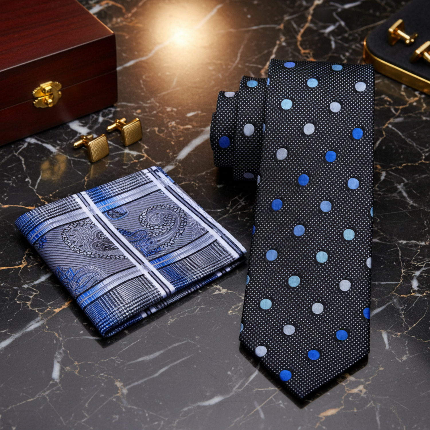 View 2 Black Shades of Blue Namaste Polka Necktie and Accenting Square 3