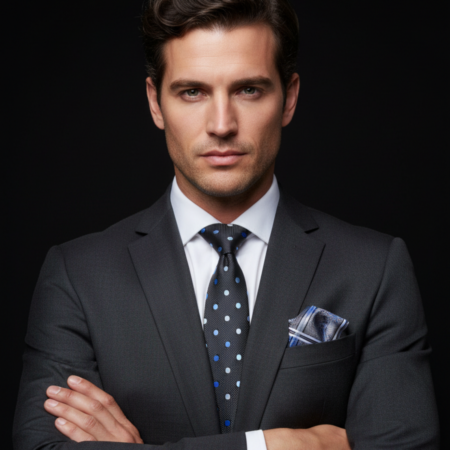 Man wearing a dark suit with a polka dot tie and pocket square on a black background