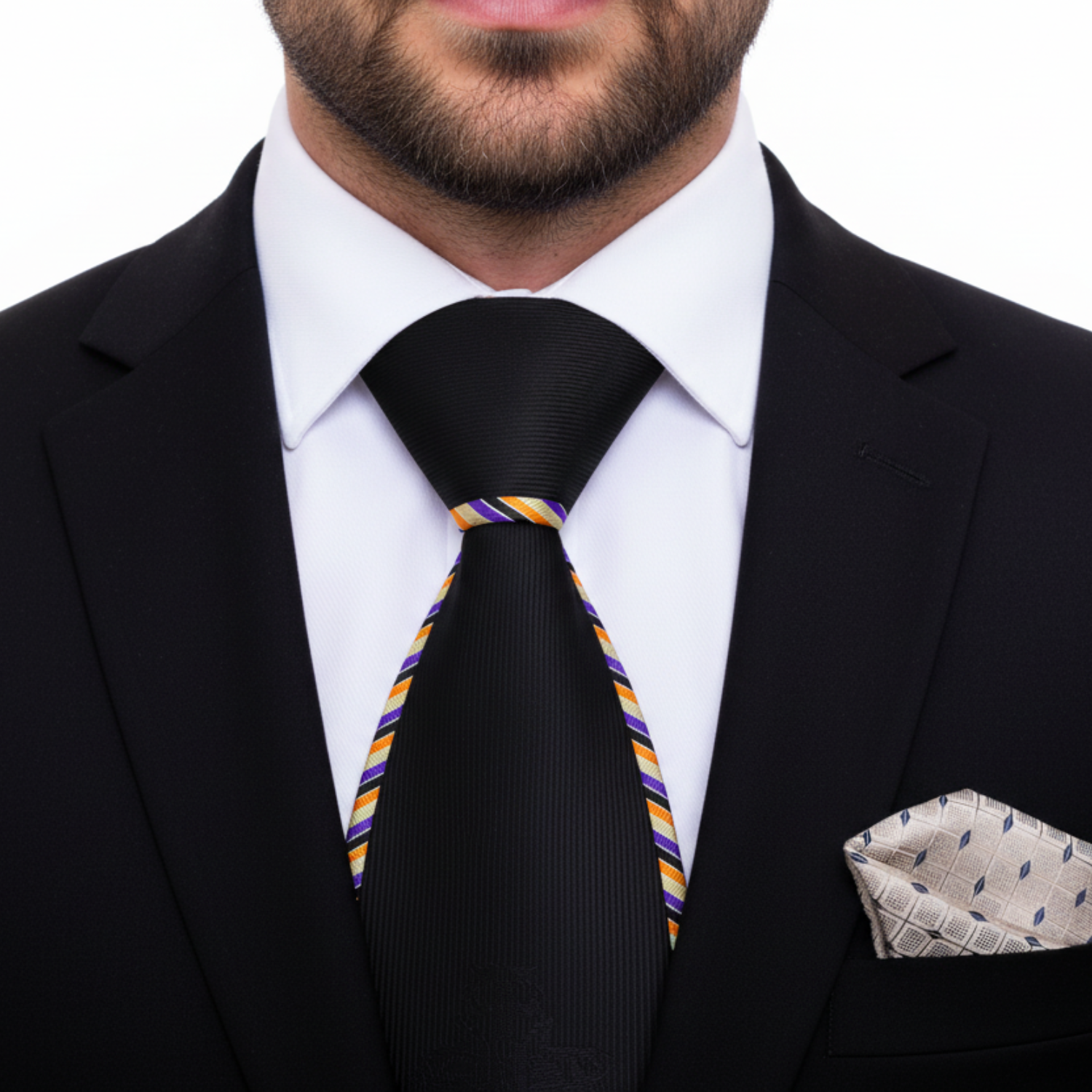 Black Necktie with Colorful Edge and Accenting Square