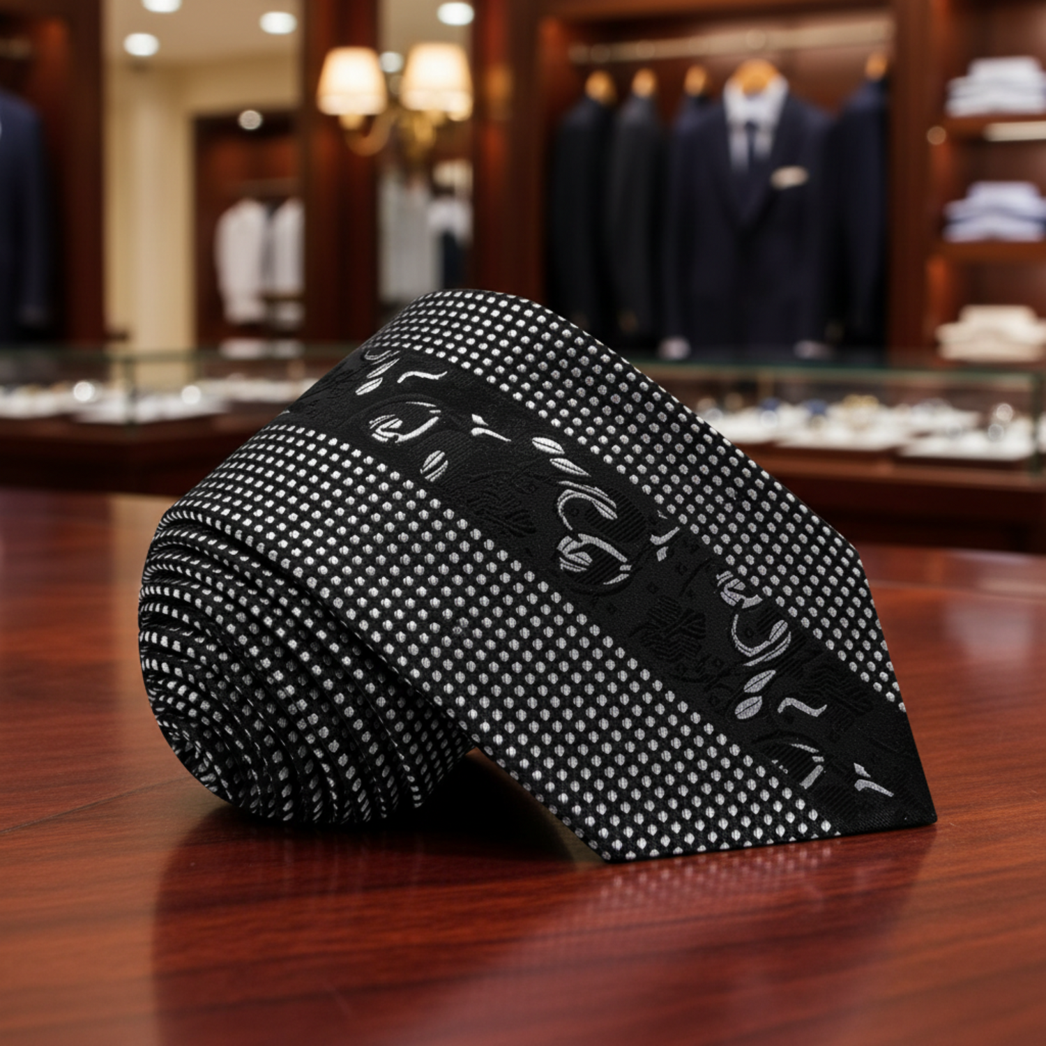 Black Silver Designer Floral Necktie 