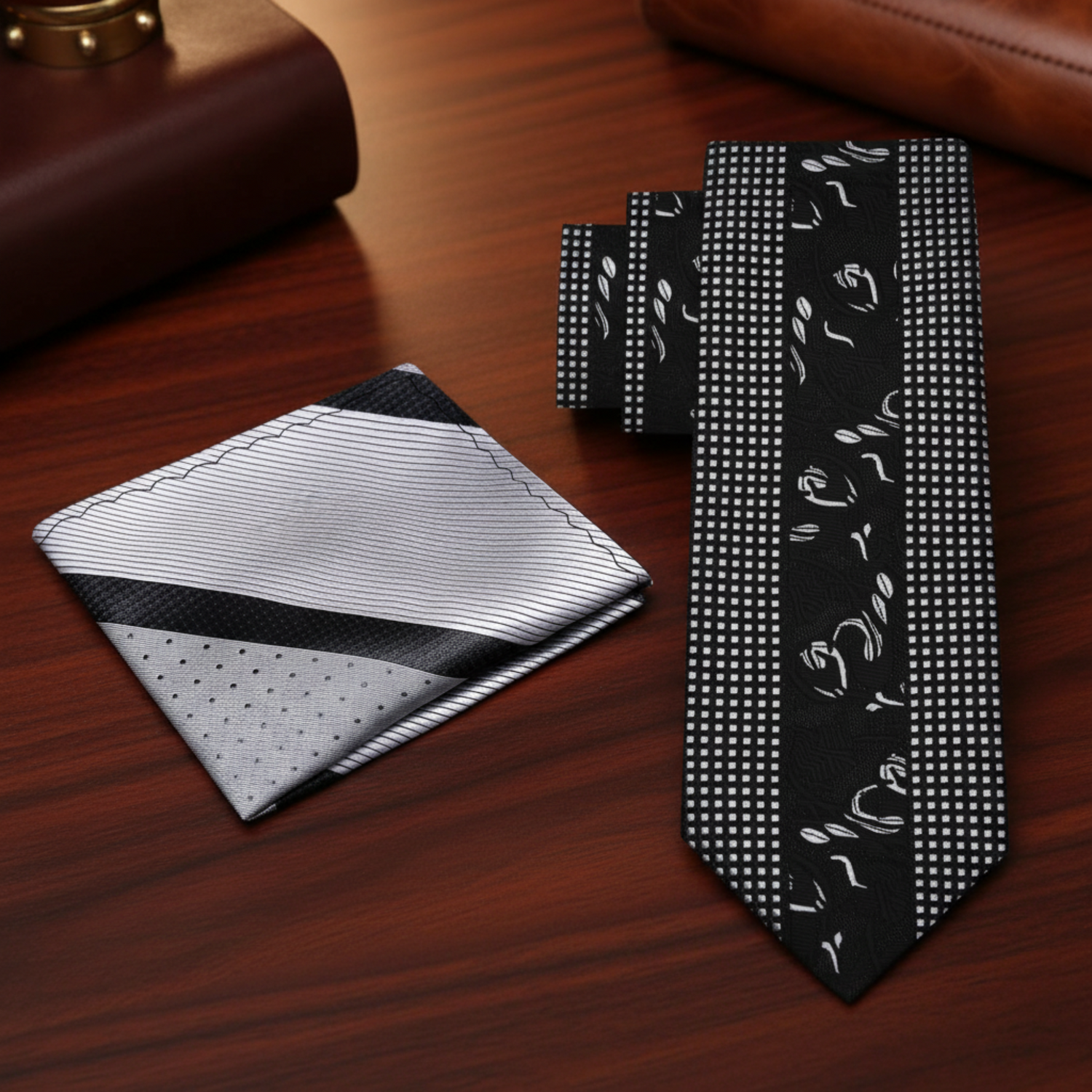 Alt View: Black Silver Designer Floral Necktie and Accenting Square 1