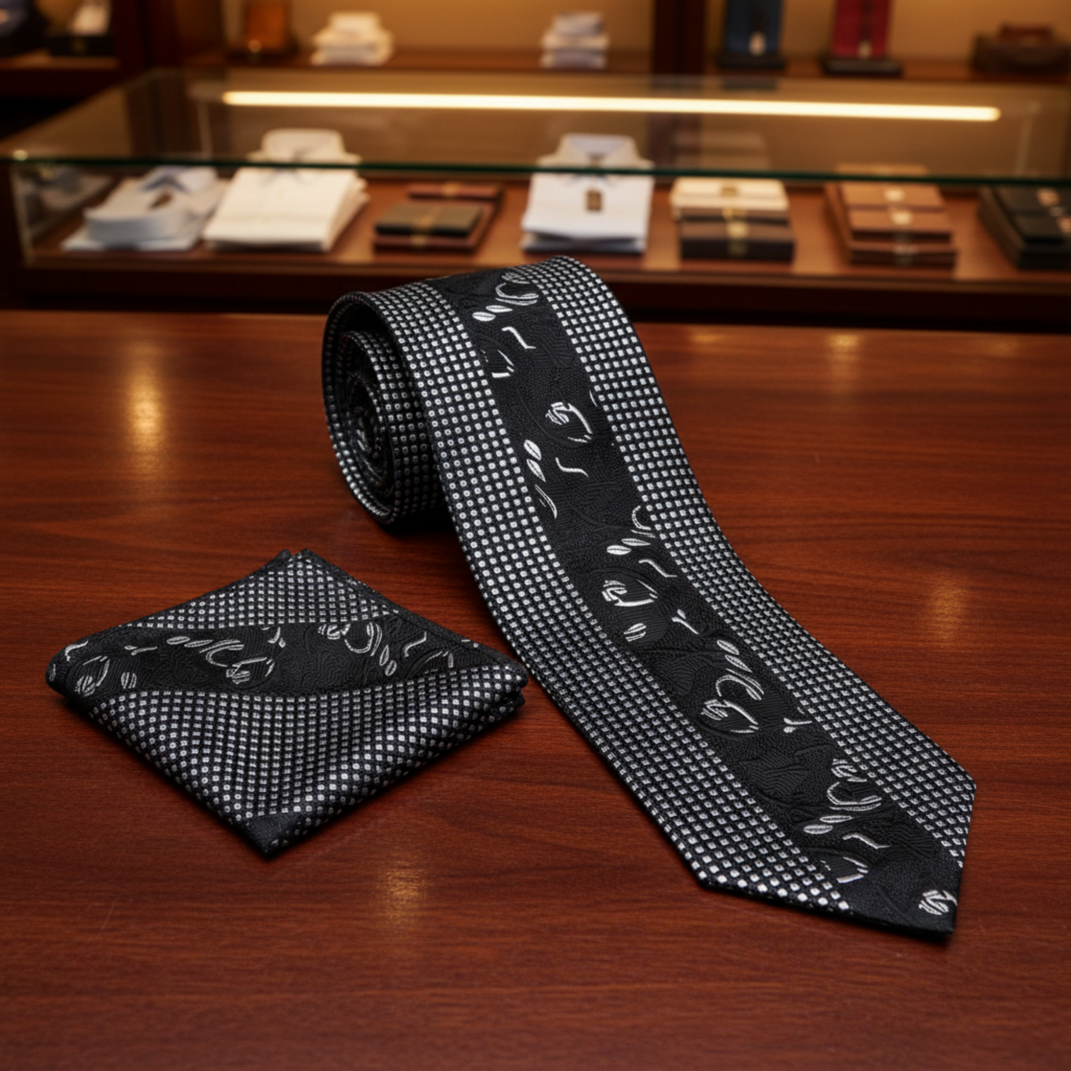 Alt View: Black Silver Designer Floral Necktie and Matching Square 1