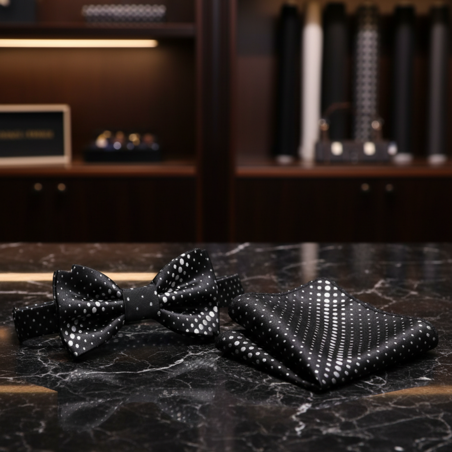 Black, Silver Geometric Dots Bow Tie and Pocket Square||Silver