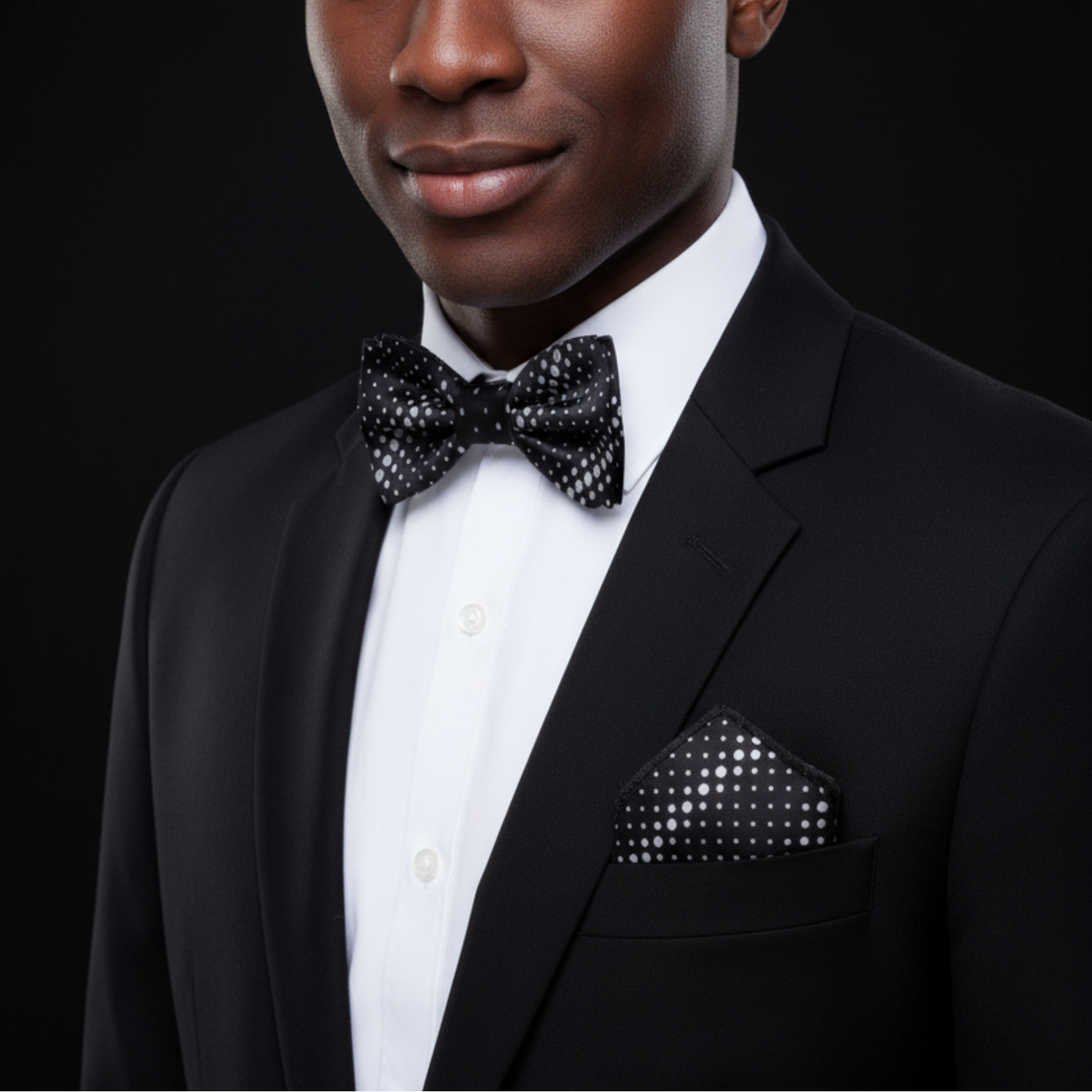 Black with silver dots bow tie and square on man with suit