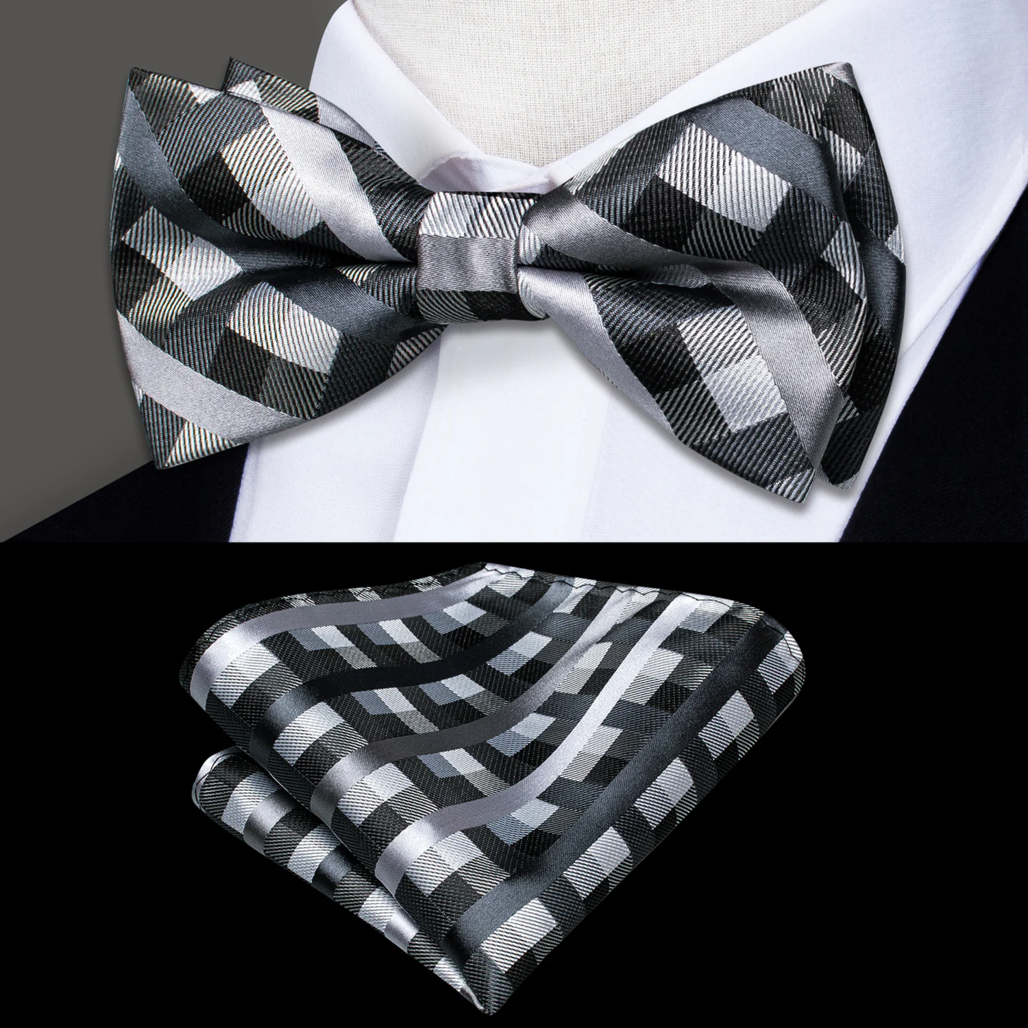 A Black, Grey Geometric Check Pattern Silk Self Tie Bow Tie, Matching Pocket Square