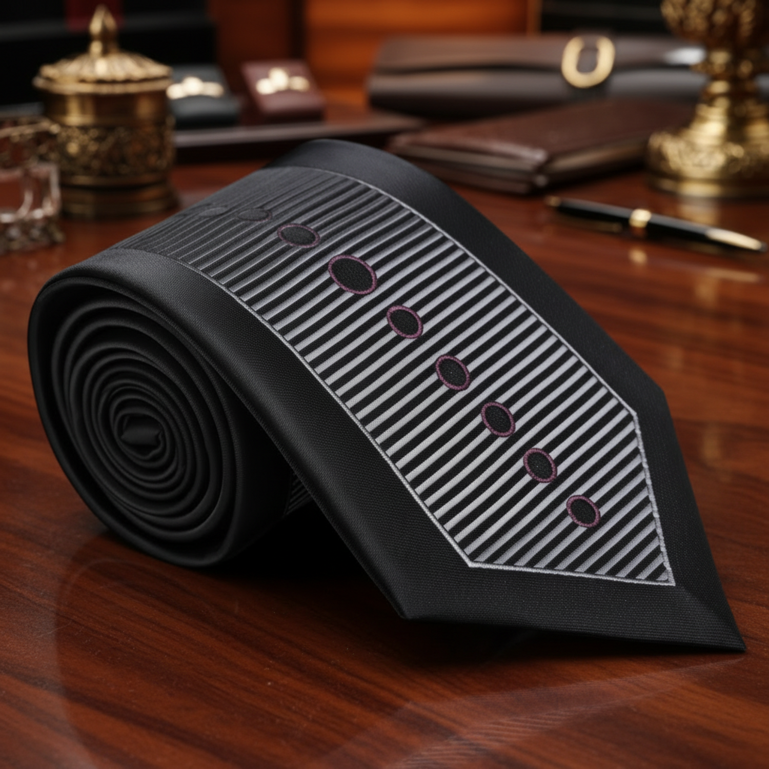 Black tie with geometric pattern on a reflective surface