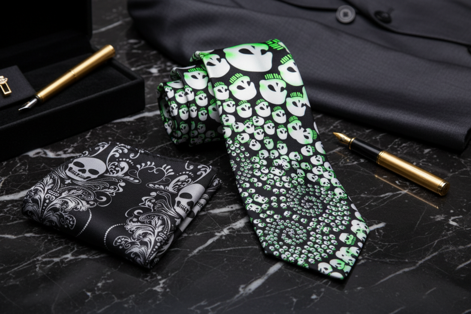 Alt Black Tie, Light Green, Off-White Skulls in a Swirl Tie and Accenting Pocket Square