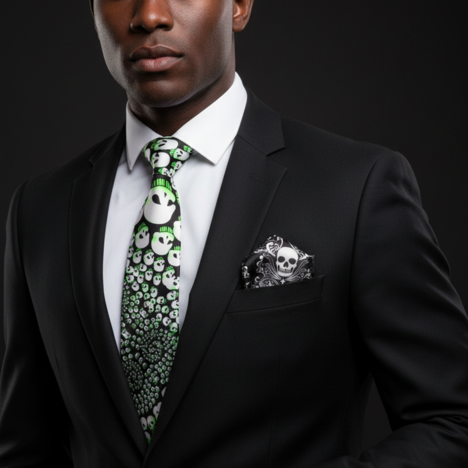 Man wearing black with white and green skulls tie and accenting square with black suit