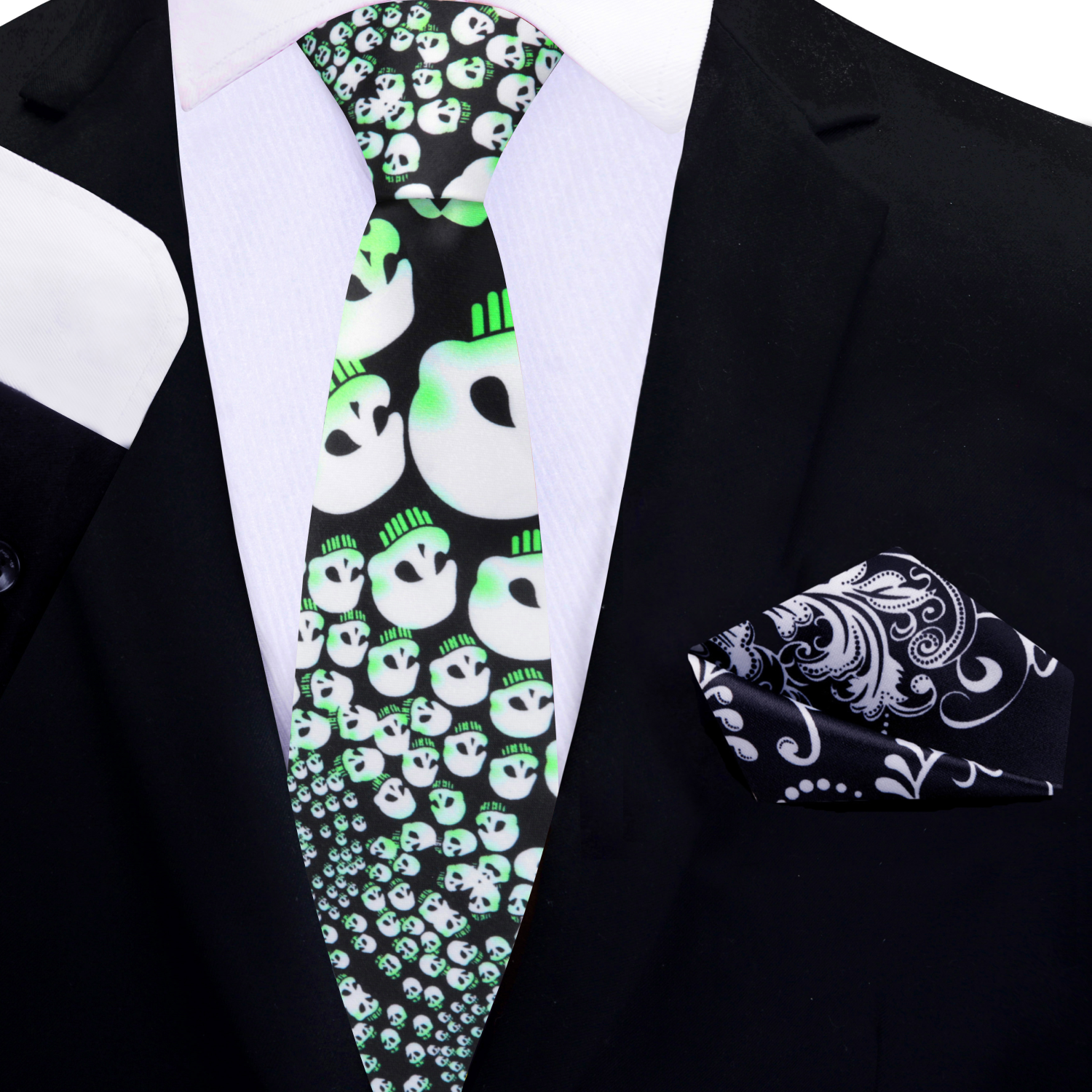 Thin Black Tie, Light Green, Off-White Skulls in a Swirl Tie and Accenting Pocket Square