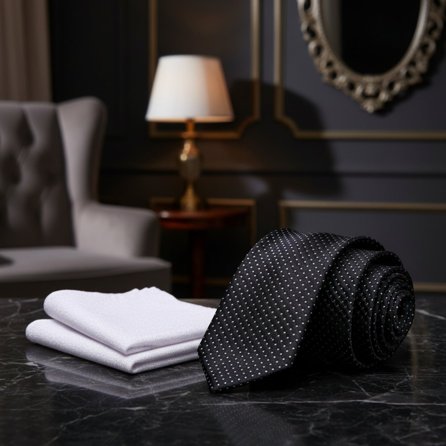 Alt View: Black Geometric Tie and Shimmer Silver Square