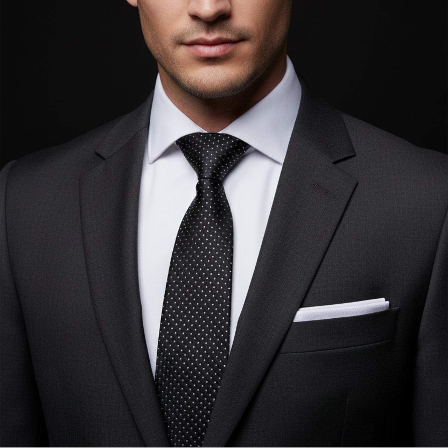 Man wearing a black suit with a white shirt and black polka dot tie on a dark background