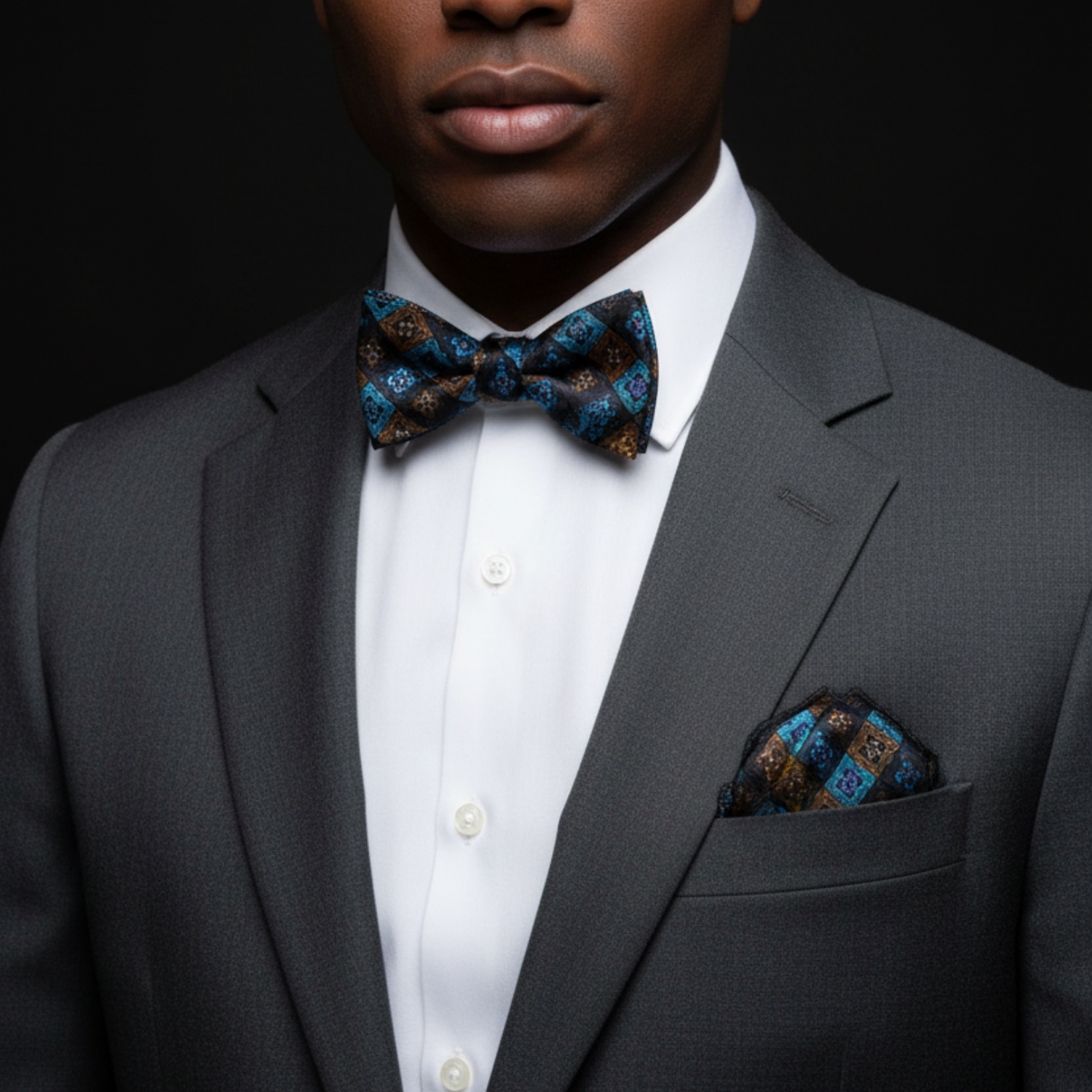 Man wearing a gray suit with a patterned bow tie and pocket square on a black background