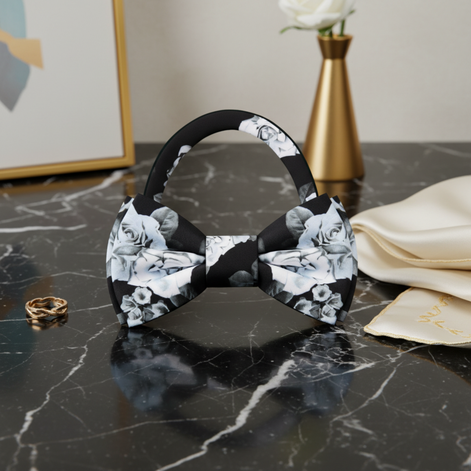 A Black Background with Grey Roses and Dark Grey Petals Pre Tied Bow Tie