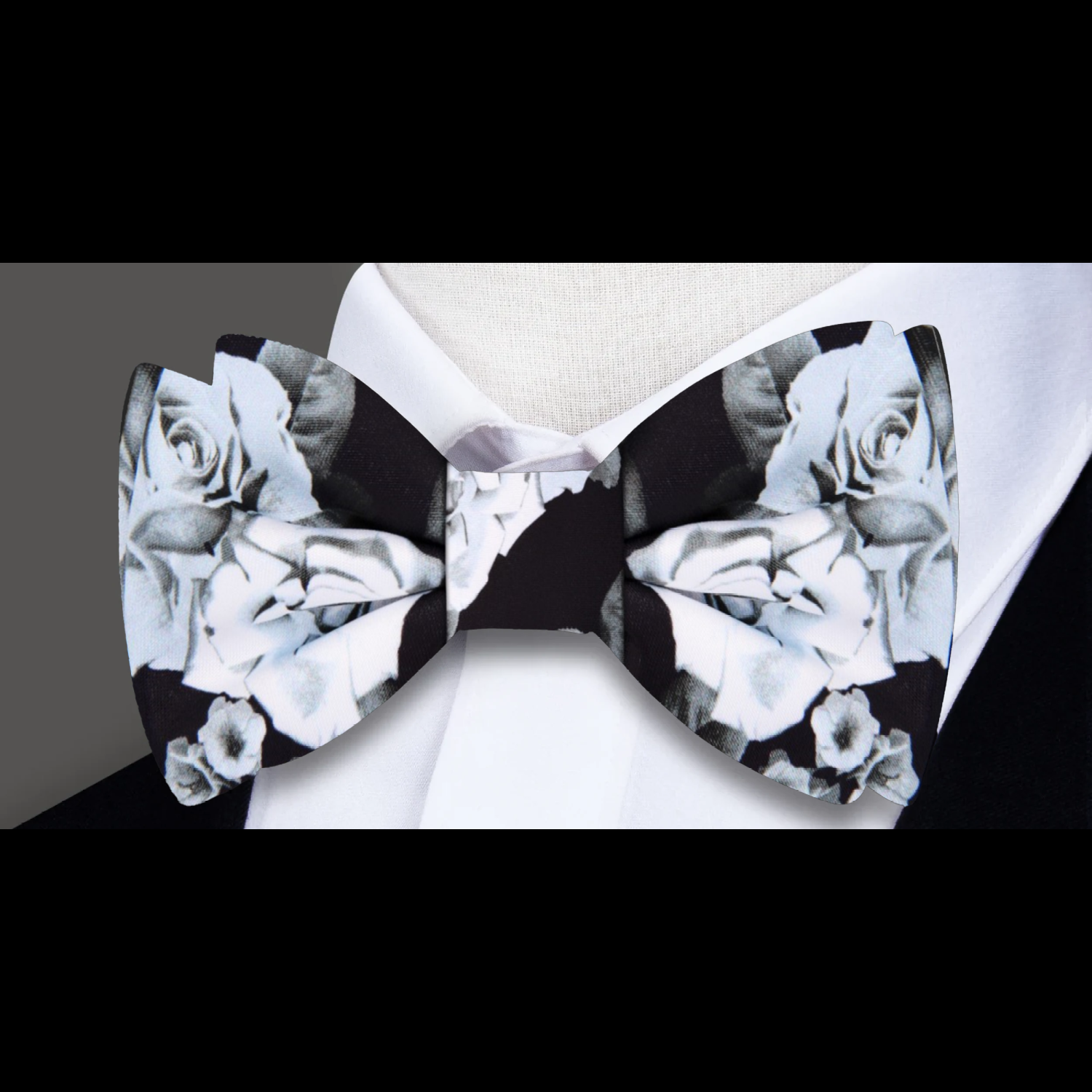 A Black Background with Grey Roses and Dark Grey Petals Silk Self Tie Bow Tie