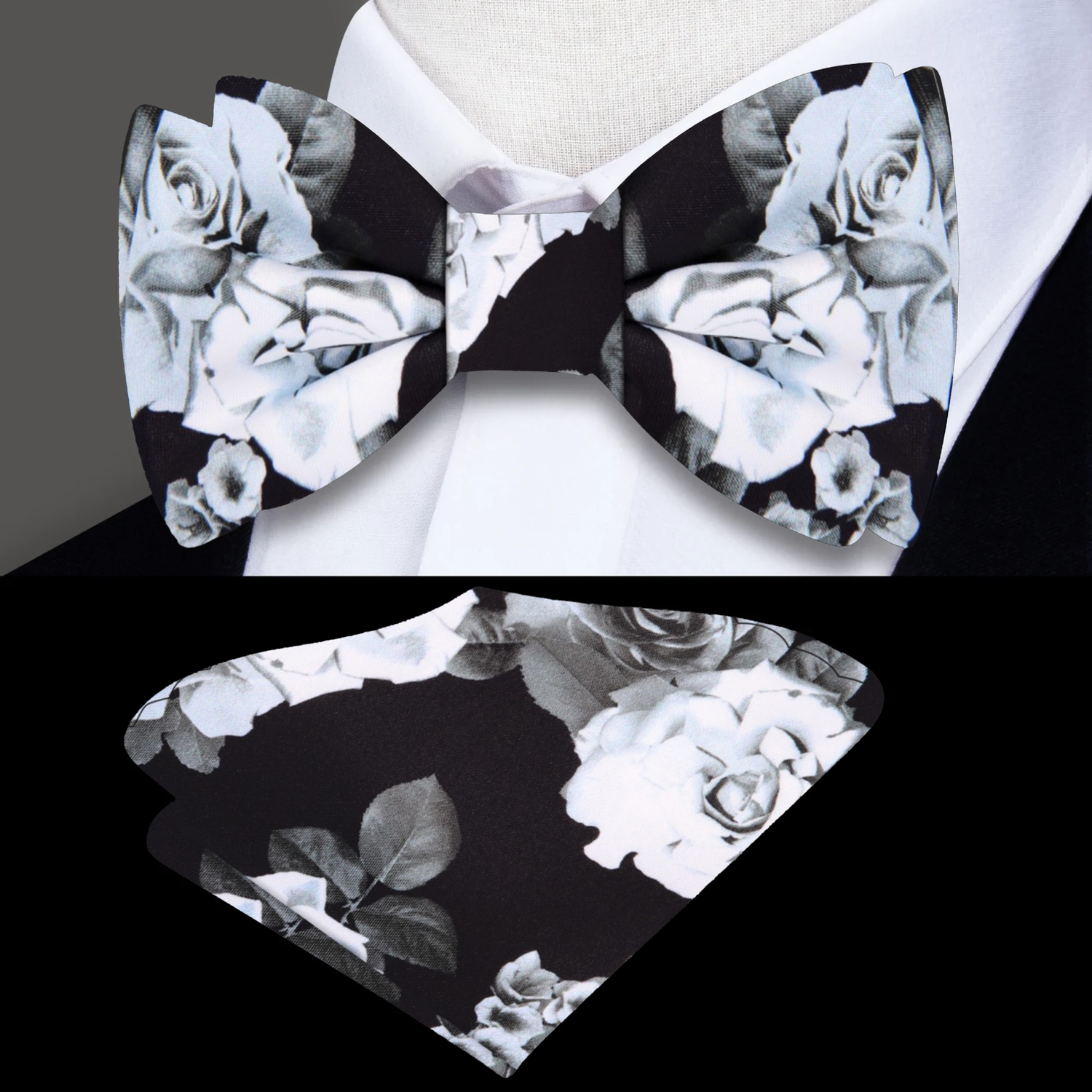 Main View: A Black Background with Grey Roses and Dark Grey Petals Self Tie Bow Tie, Matching Pocket Square||Black with White, Silver Floral