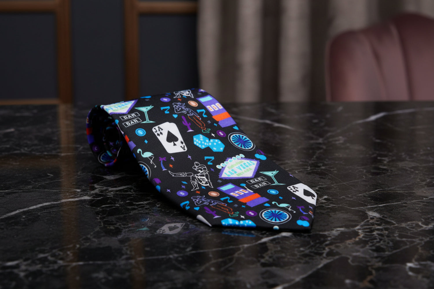 Alt View: Black with Vibrant Colored Vegas Themed Silk Necktie