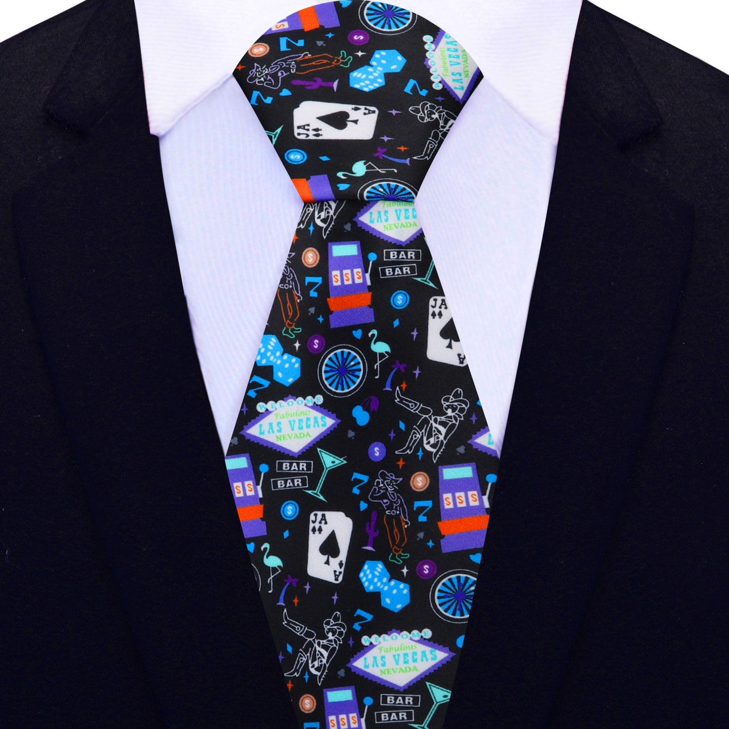 View 2: Black with Vibrant Colored Vegas Themed Silk Necktie