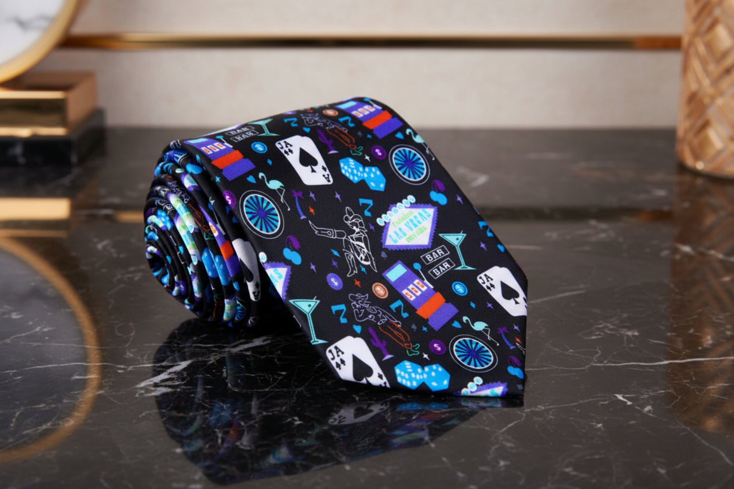 Black with Vibrant Colored Vegas Themed Necktie Rolled up