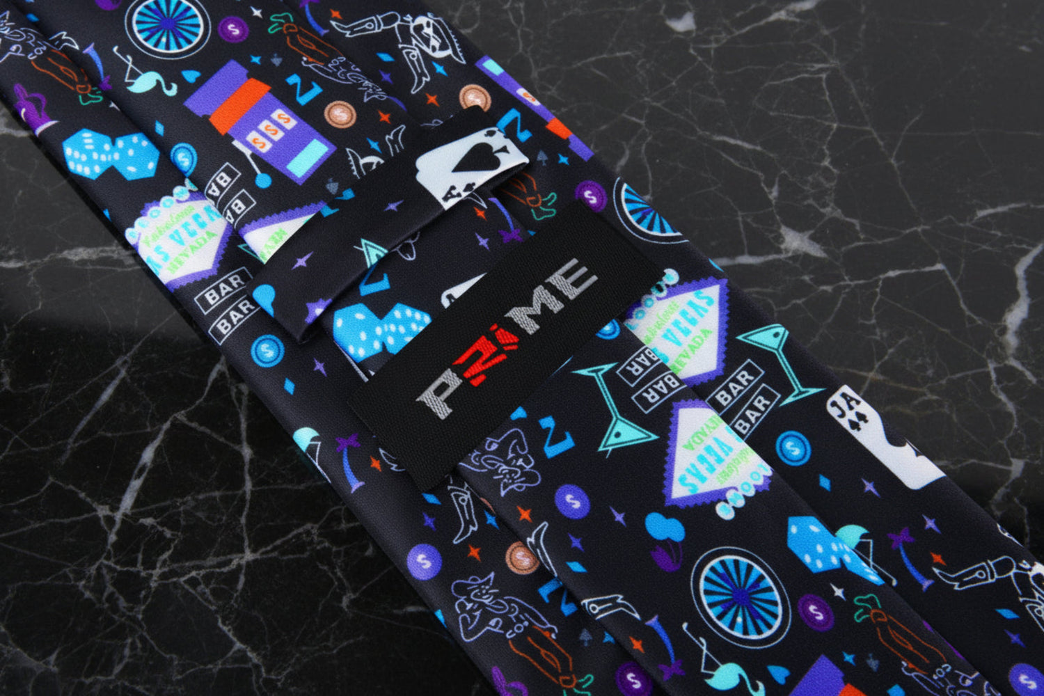 Tie Keep View: Black with Vibrant Colored Vegas Themed Necktie