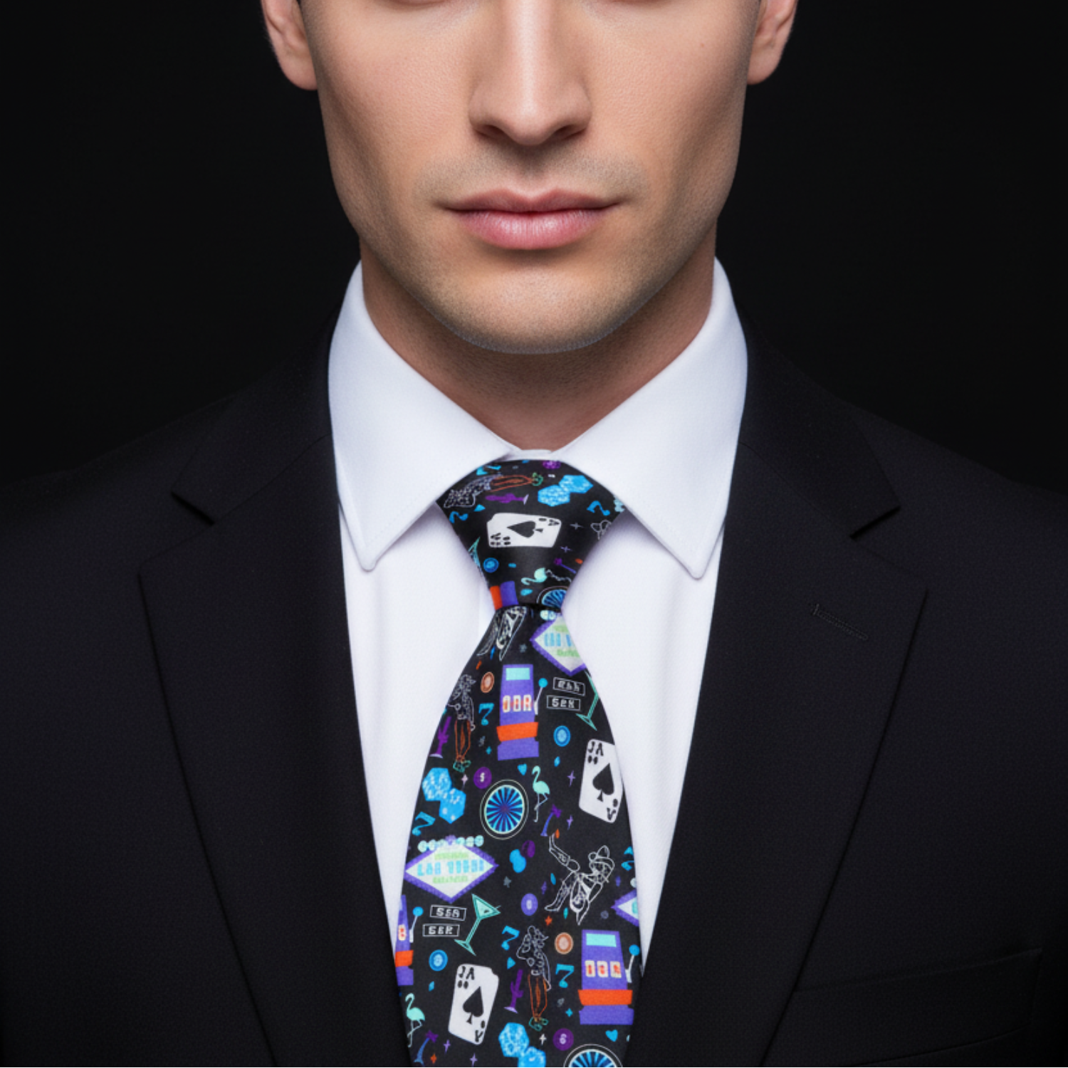 Man wearing a black suit with a colorful tie featuring game-themed designs.