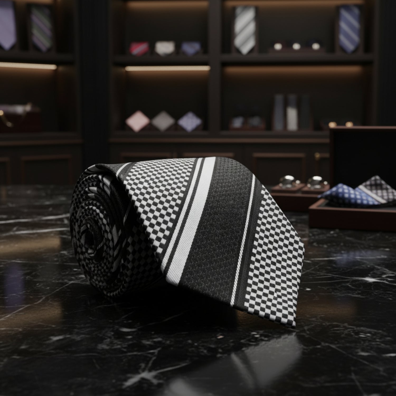 silver black check stripe tie on marble table