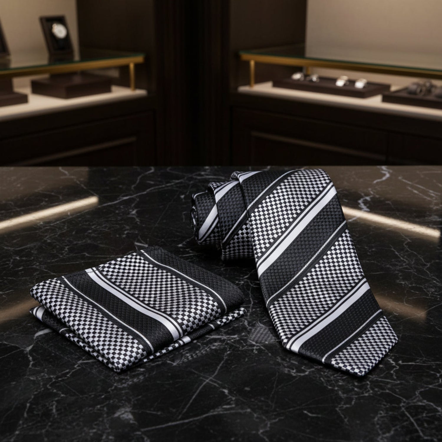 Boys Black White Checkerboard Stripe Necktie and square on table