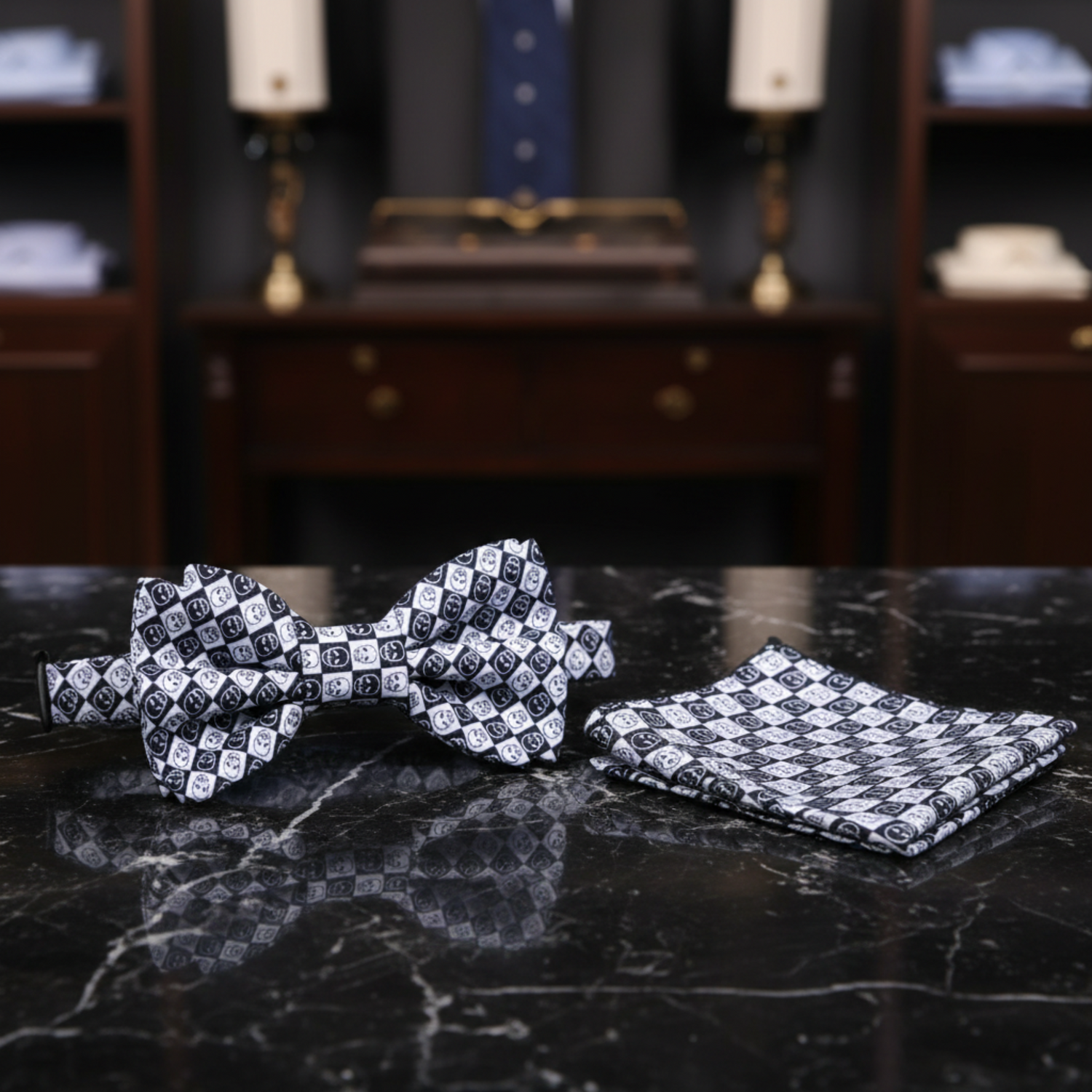 Black, White Checkered Skull Bow Tie and Pocket Square||Black
