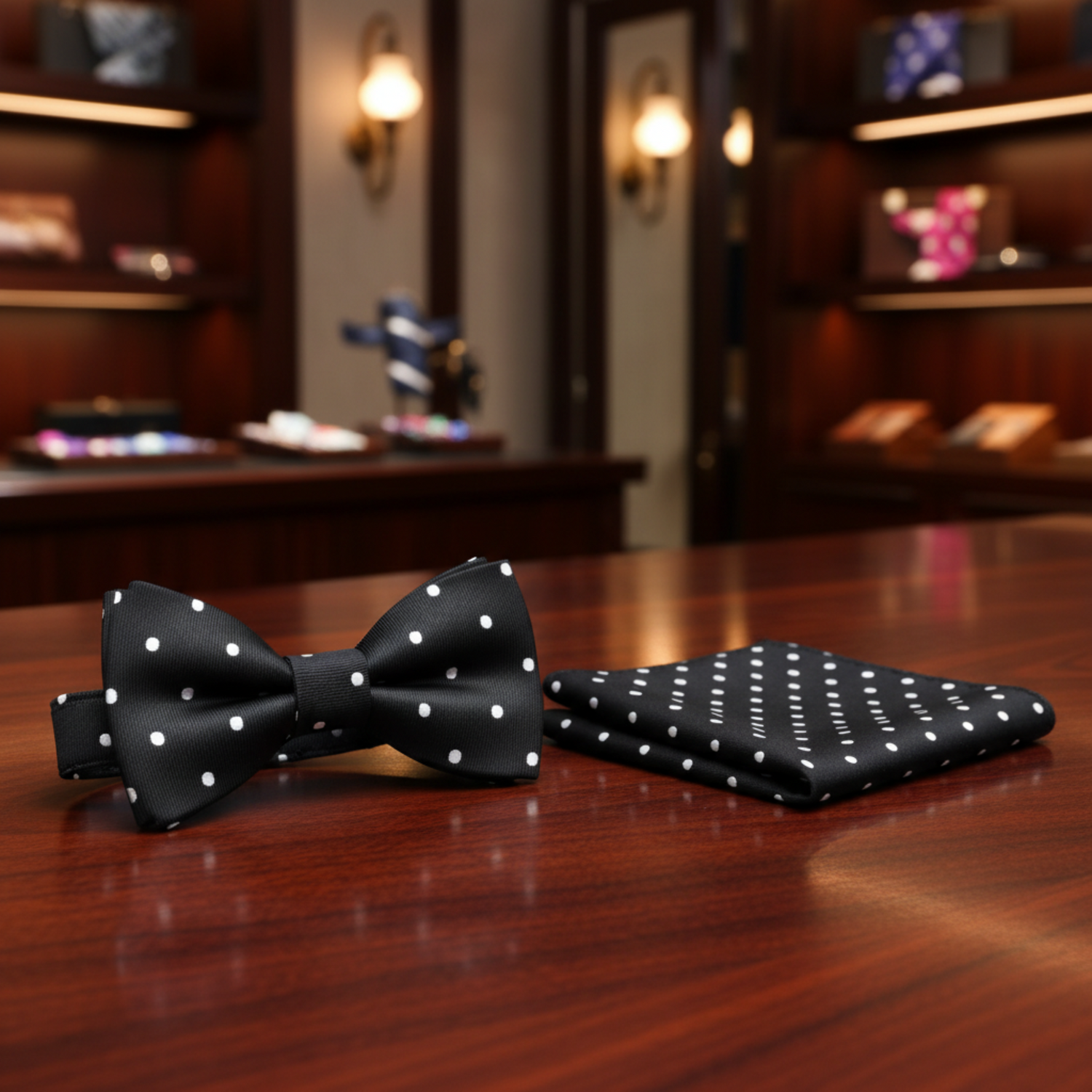 Black with Medium White Dots Bow Tie and Pocket Square