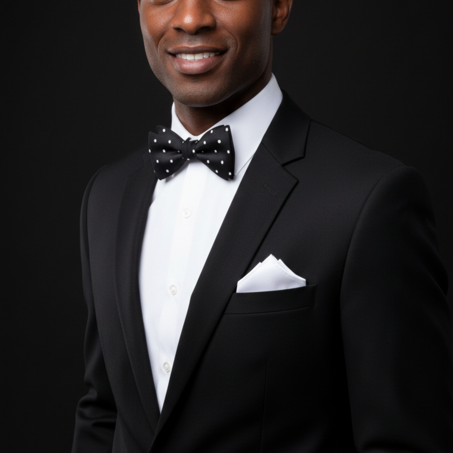 Black with Medium White Dots Bow Tie and White Pocket Square