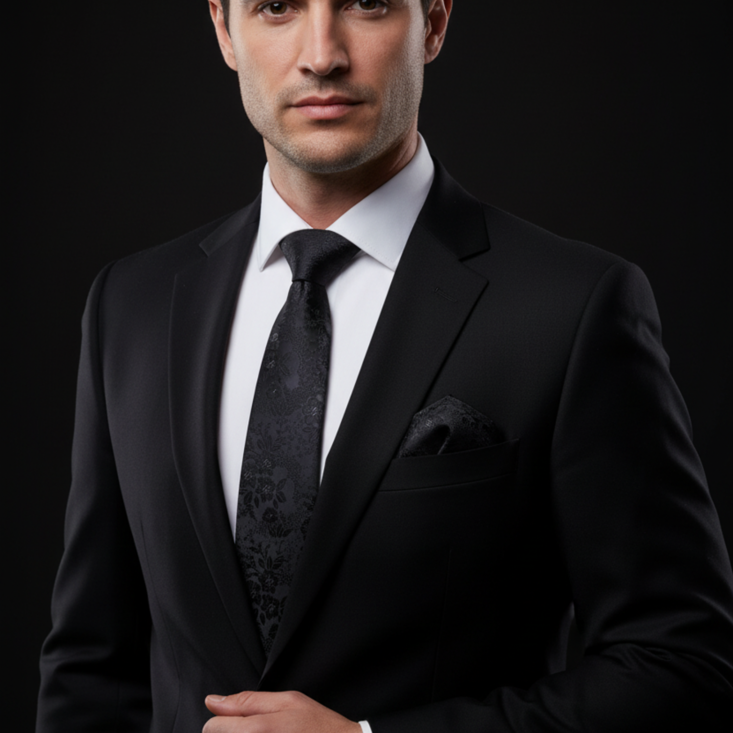 Man wearing a black suit with a patterned tie against a dark background