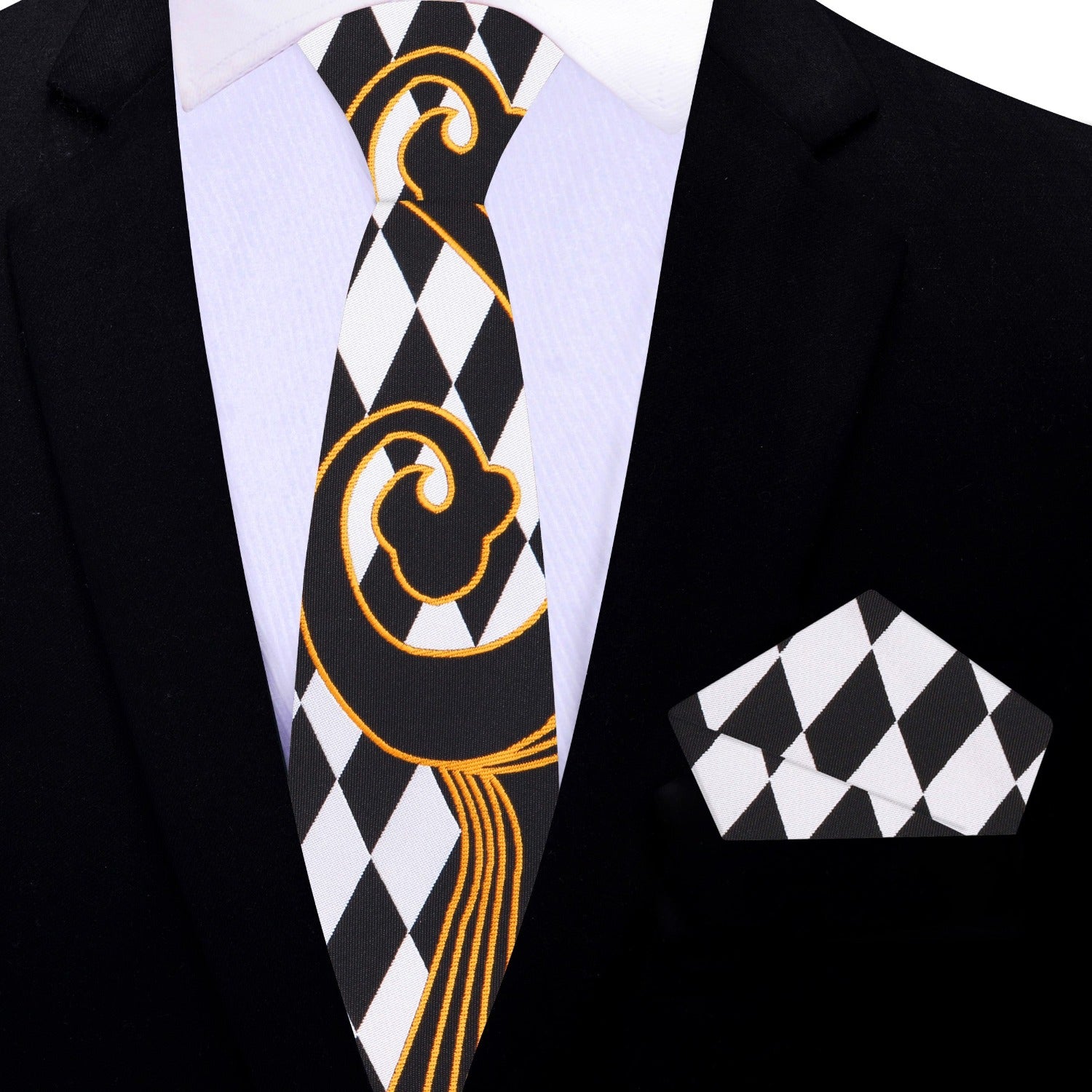 Thin Tie: Silky Black, Sun Gold, Shadow White With Abstract Pattern And Check Designs Tie and Square