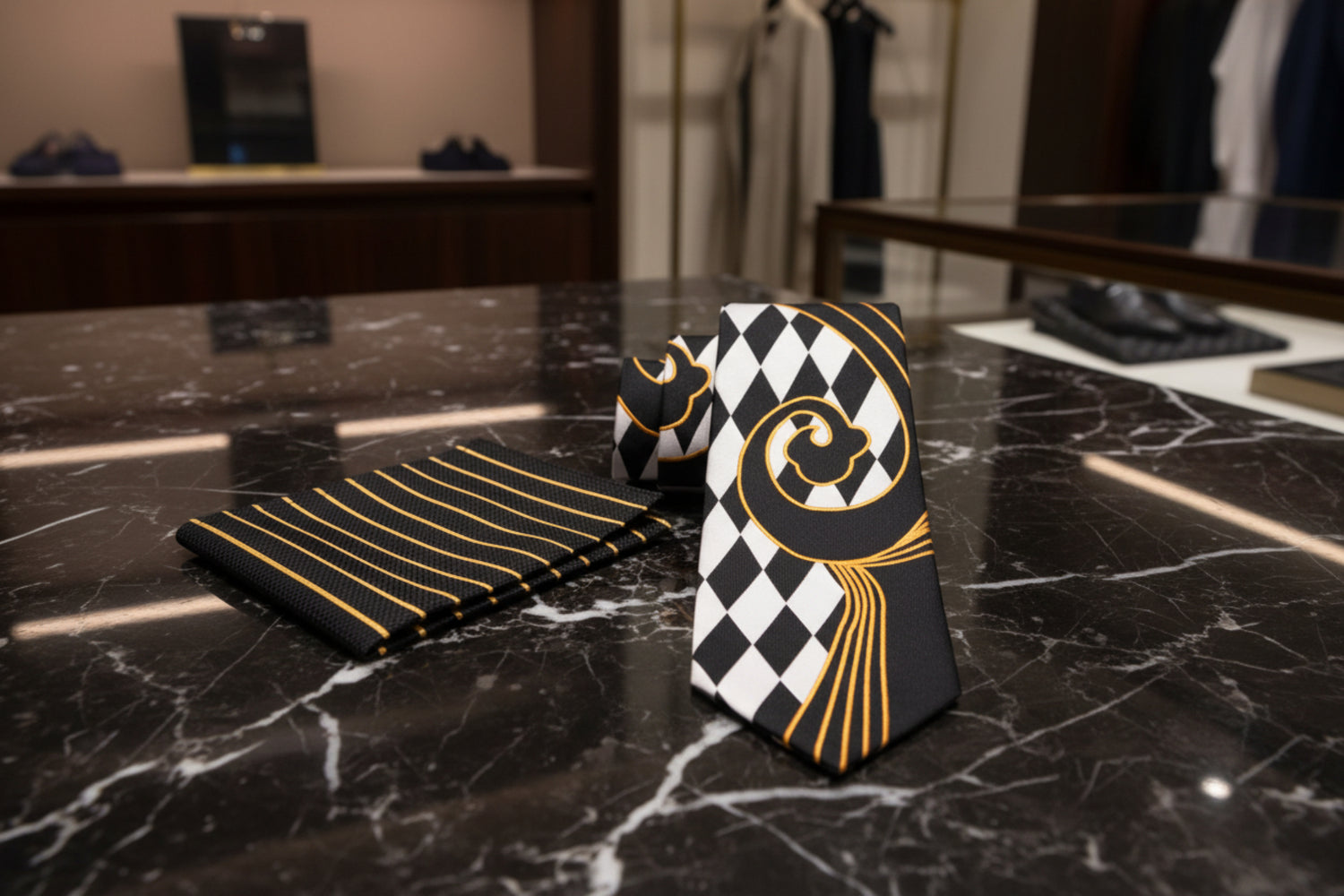 Alt: Black, Light Grey and Gold Paisley and Check Necktie and Black Gold Stripe Square