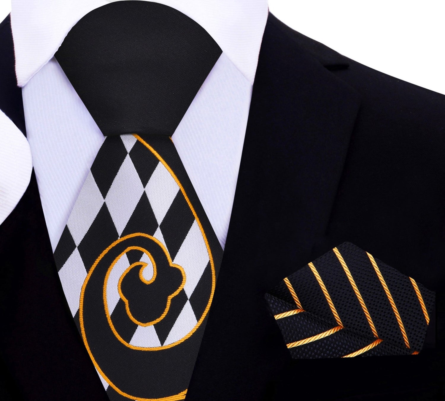 Black, Light Grey and Gold Paisley and Check Necktie and Black Gold Stripe Square