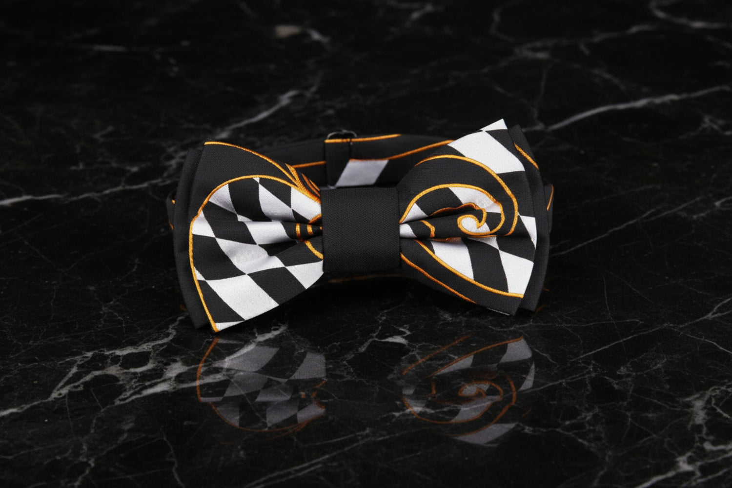 Pre Tied Black, Light Grey, Gold Geometric and Paisley Bow Tie