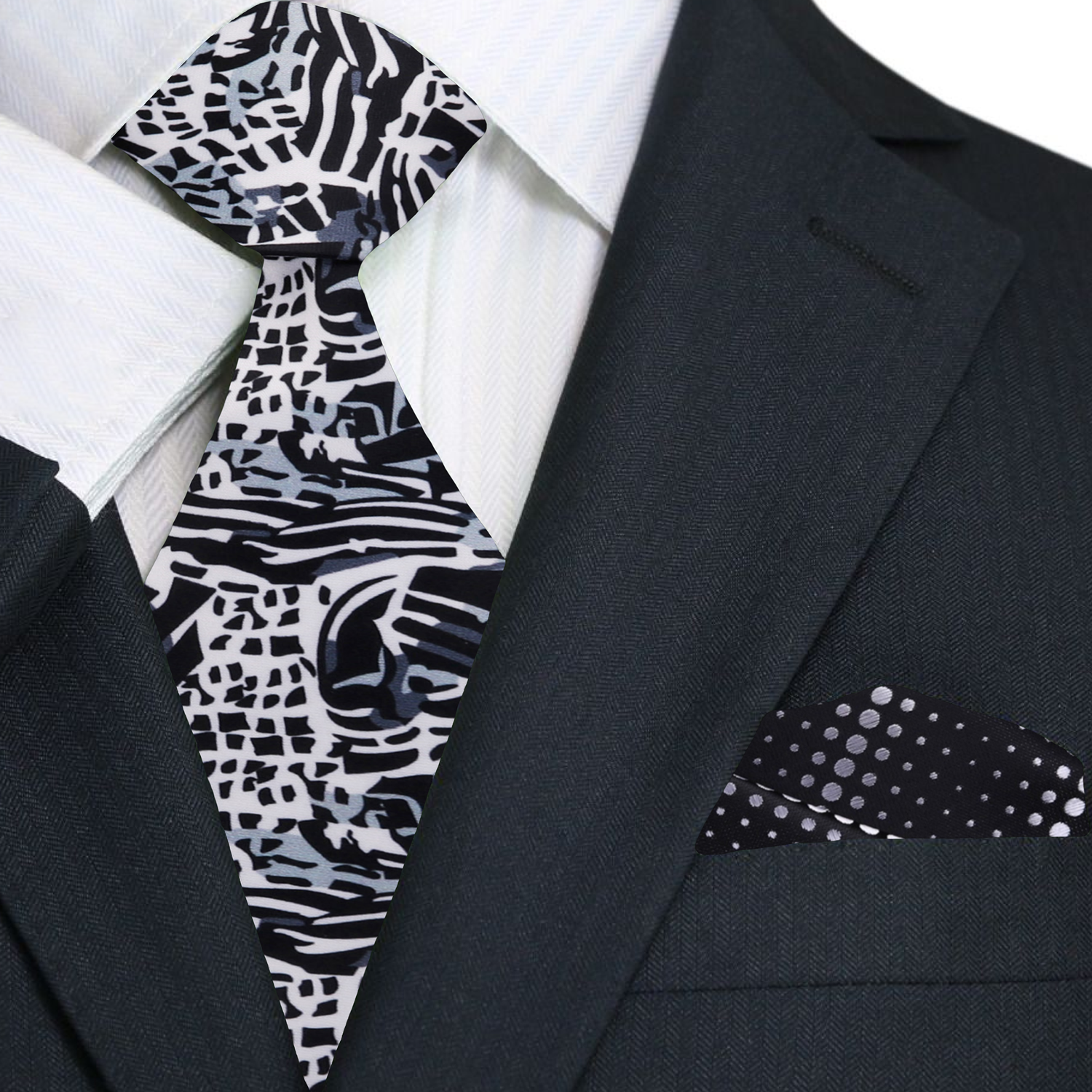 White, Black, Grey Abstract Necktie and Square