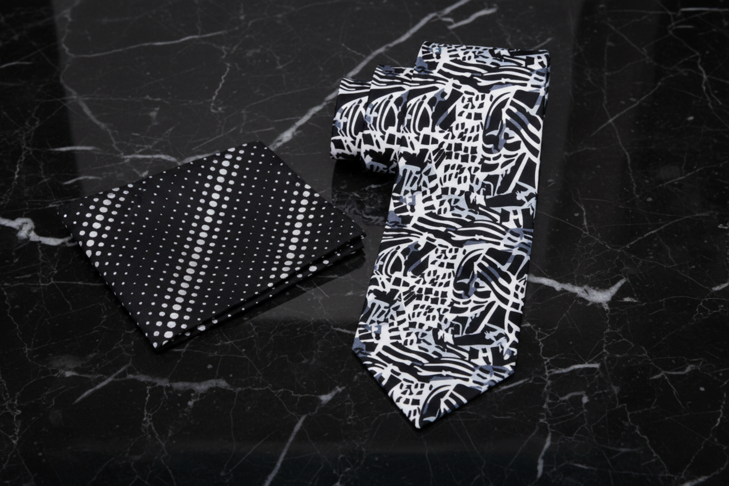 Alt White, Black, Grey Abstract Necktie and Square