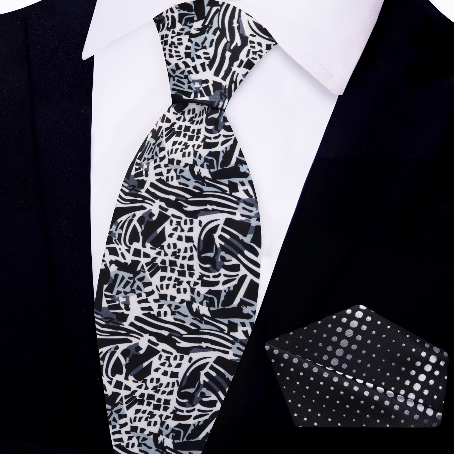 View 2 White, Black, Grey Abstract Necktie and Square