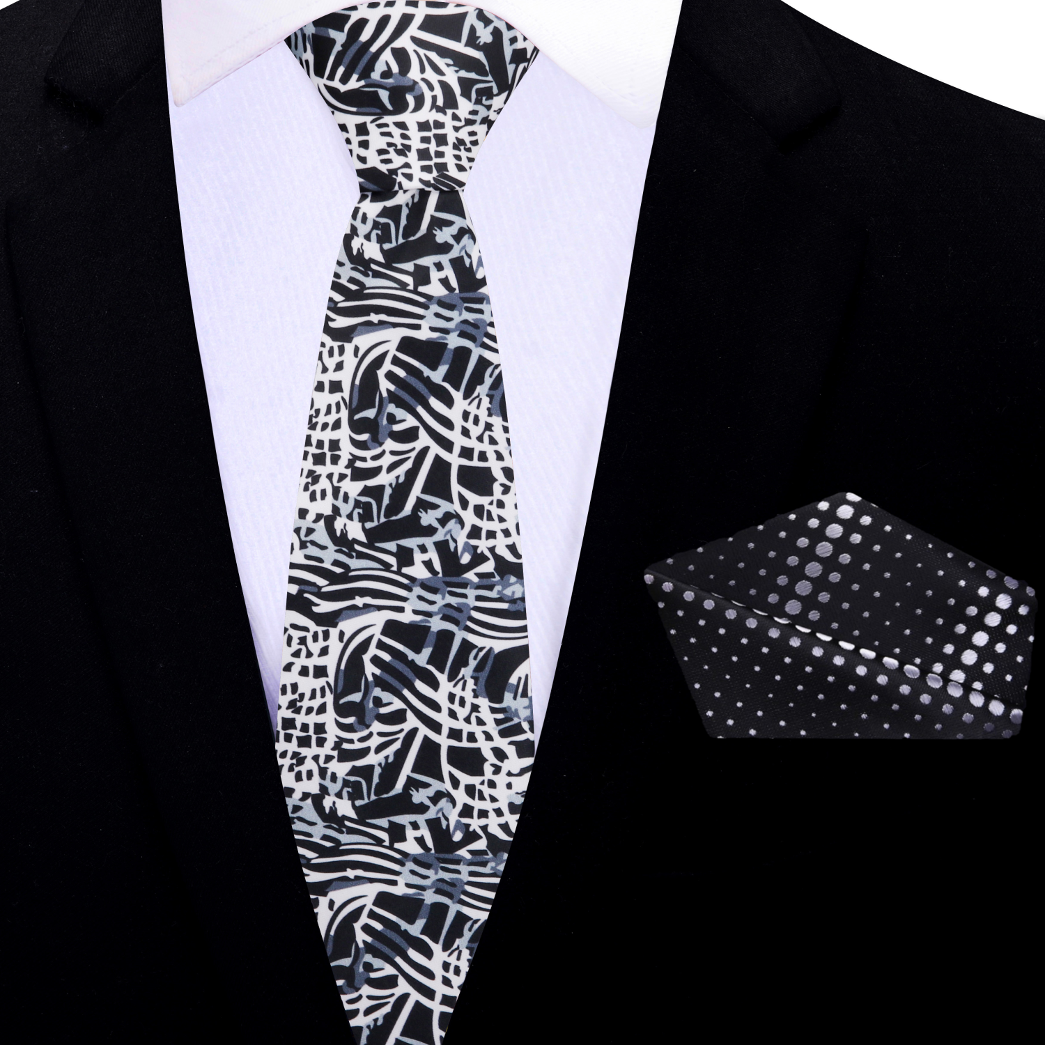 Thin White, Black, Grey Abstract Necktie and Square