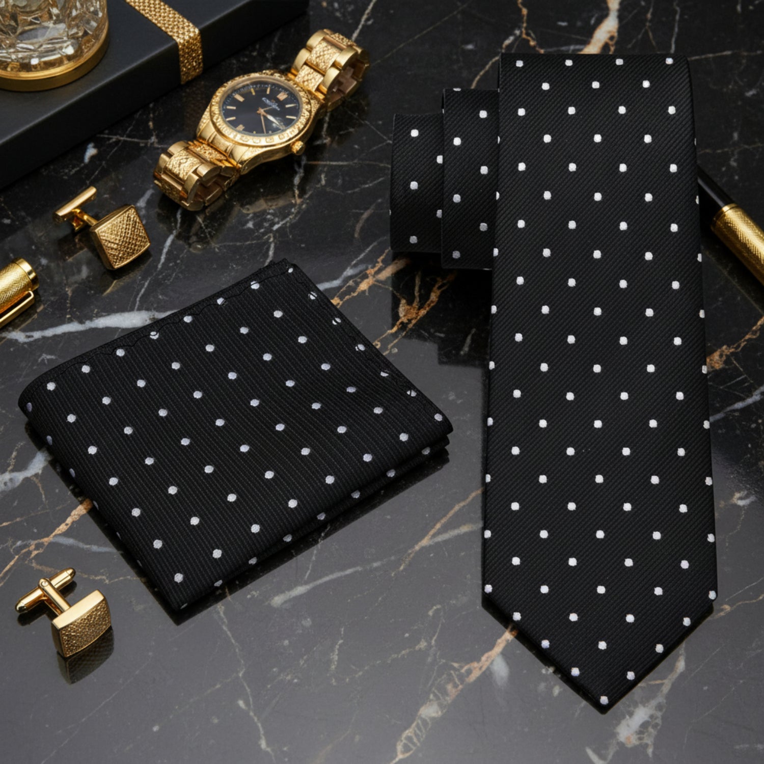 View 23: Black, White Polka Necktie and Square