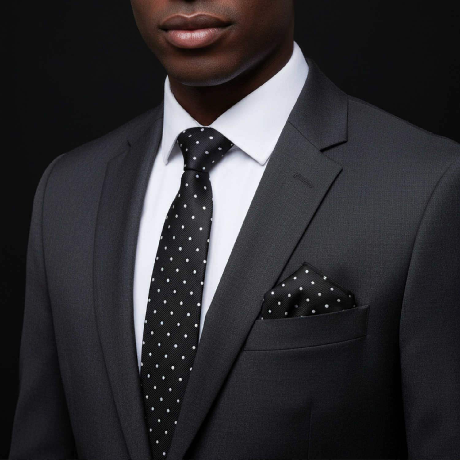 Man wearing a gray suit with a black polka dot tie and pocket square against a dark background