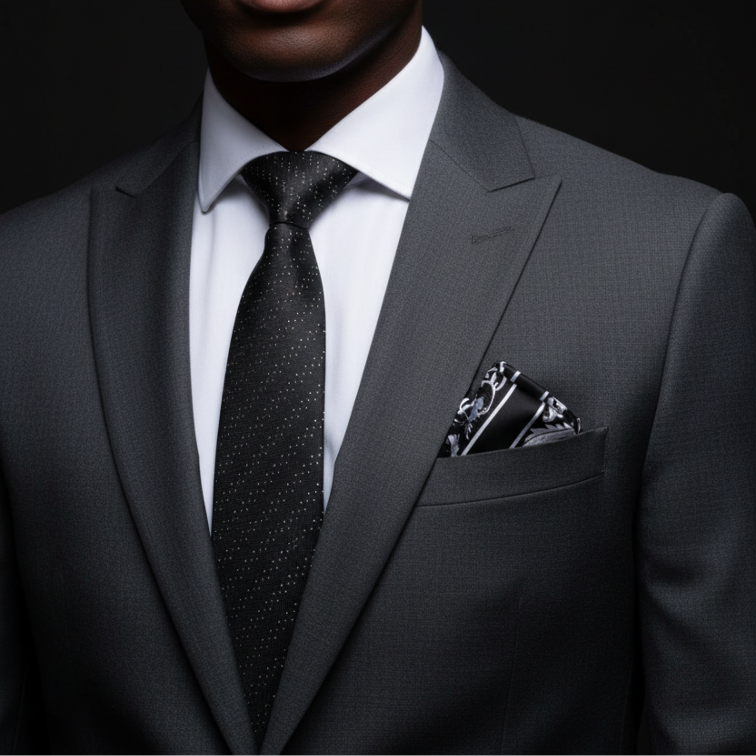 Gray suit with a black tie and pocket square on a dark background